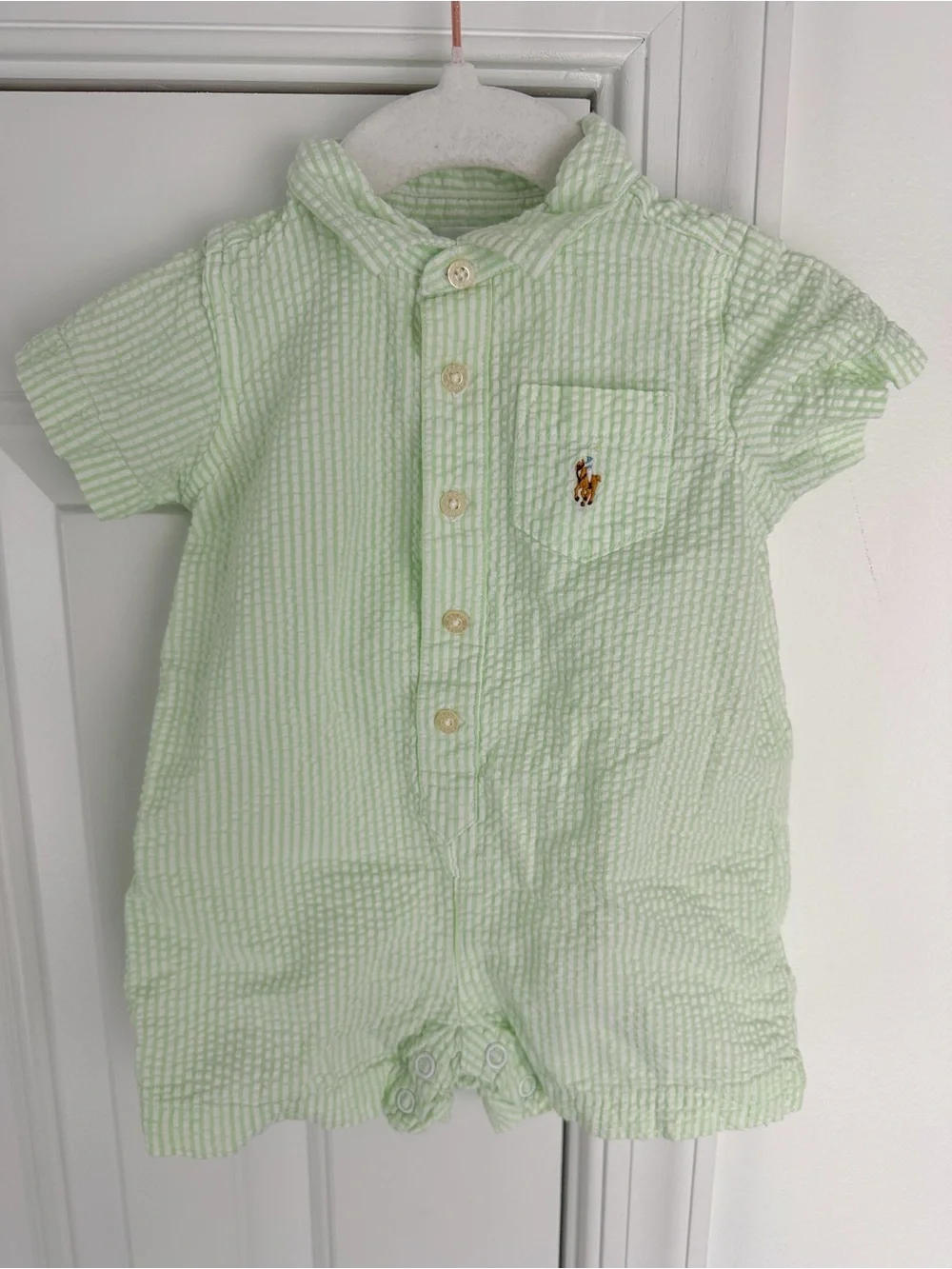 Ralph Lauren Green Seersucker Baby Boy Romper 6m EUC